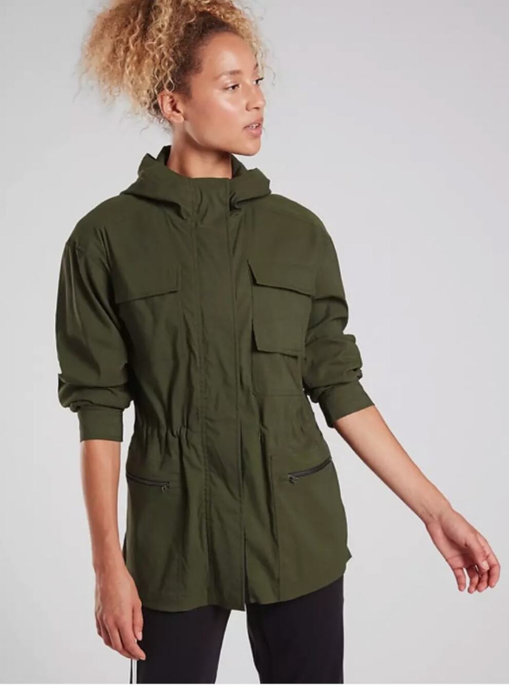 Athleta Outpost Jacket Coat Size XS Tuscan Olive Green Hooded Zip Work Travel